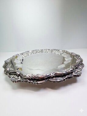 Vintage Silverplate Serving Trays Set 2pc Poole Baroque Footed FB Rogers 15" 16"